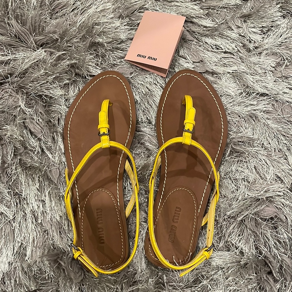 Miu Miu Brown Leather Sandals with Yellow Straps and Buckle
